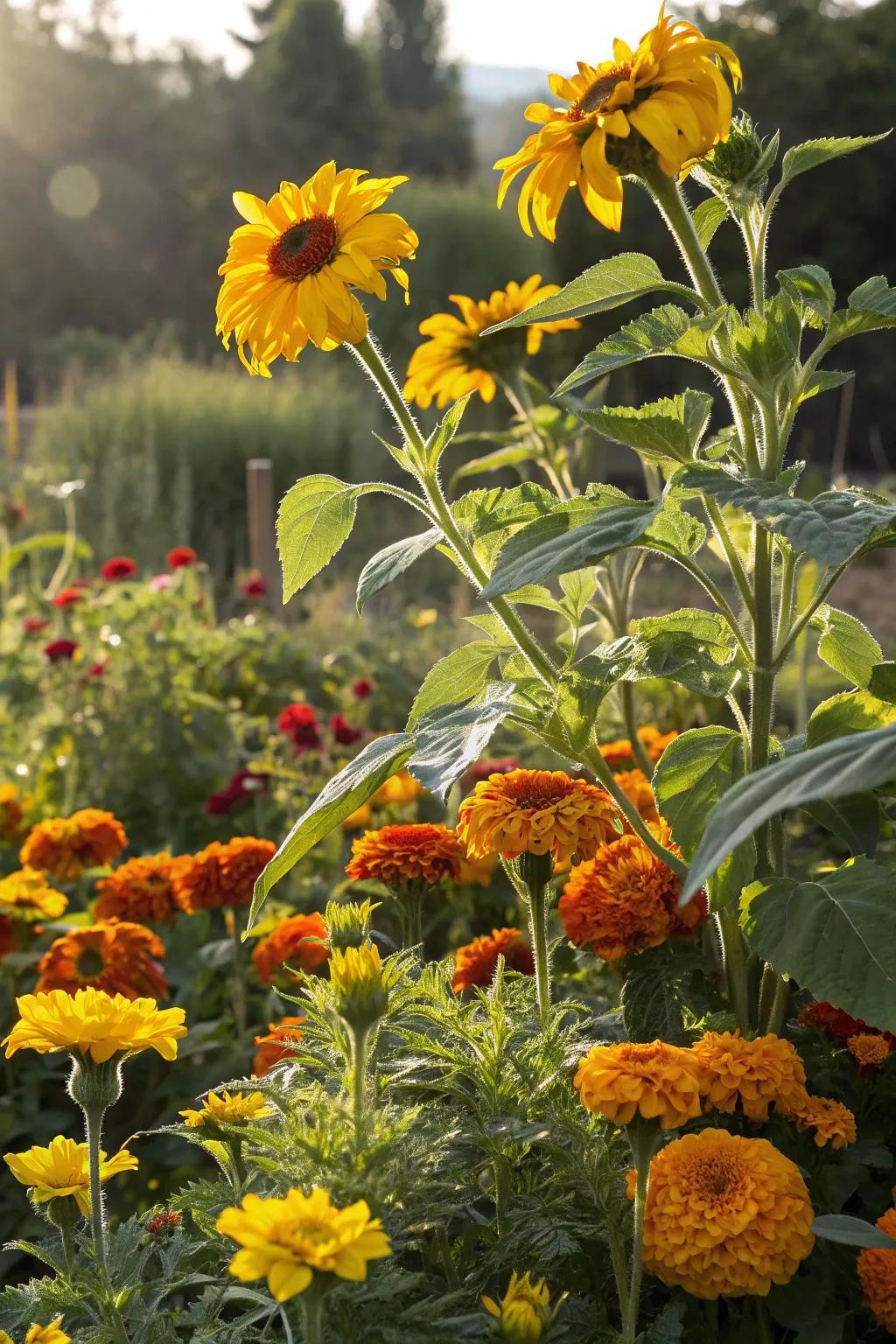 Sun-loving flowers like sunflowers and marigolds thrive in south-facing gardens.