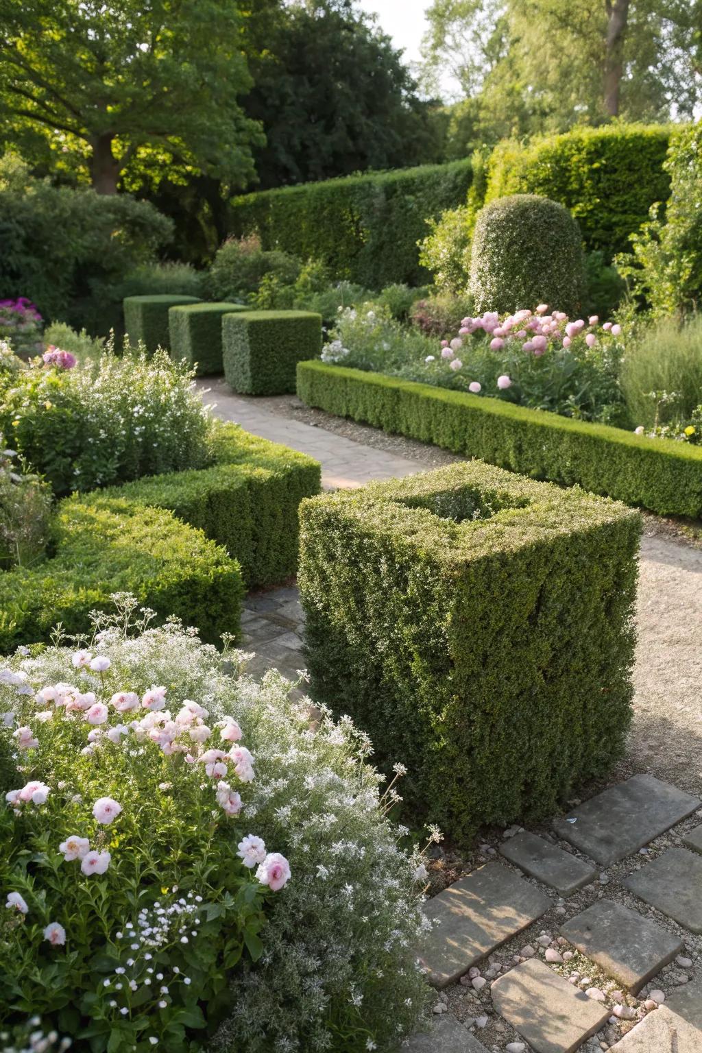 Cube-shaped bushes provide a bold and structured garden aesthetic.
