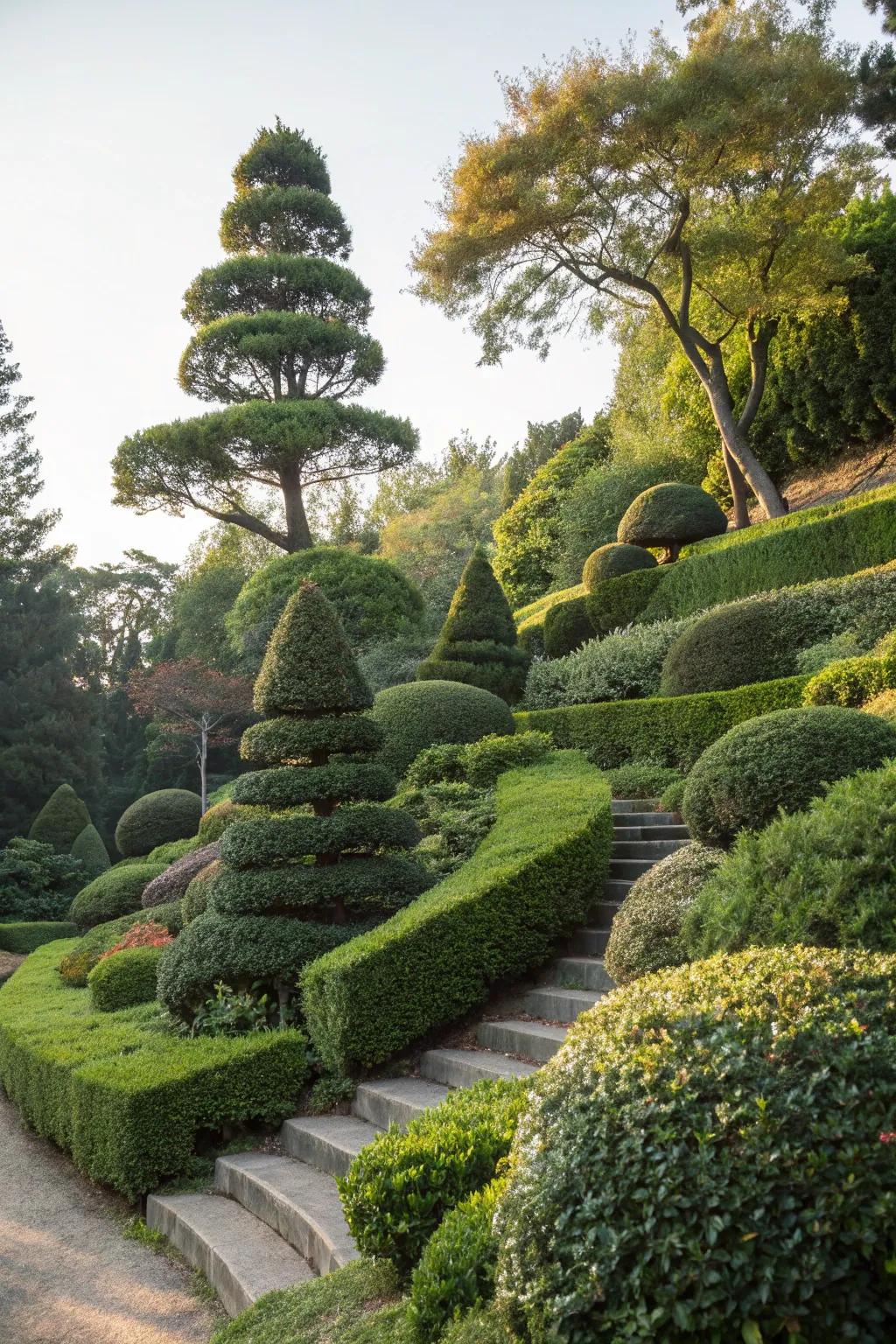 Tiered bushes add depth and interest to garden design.