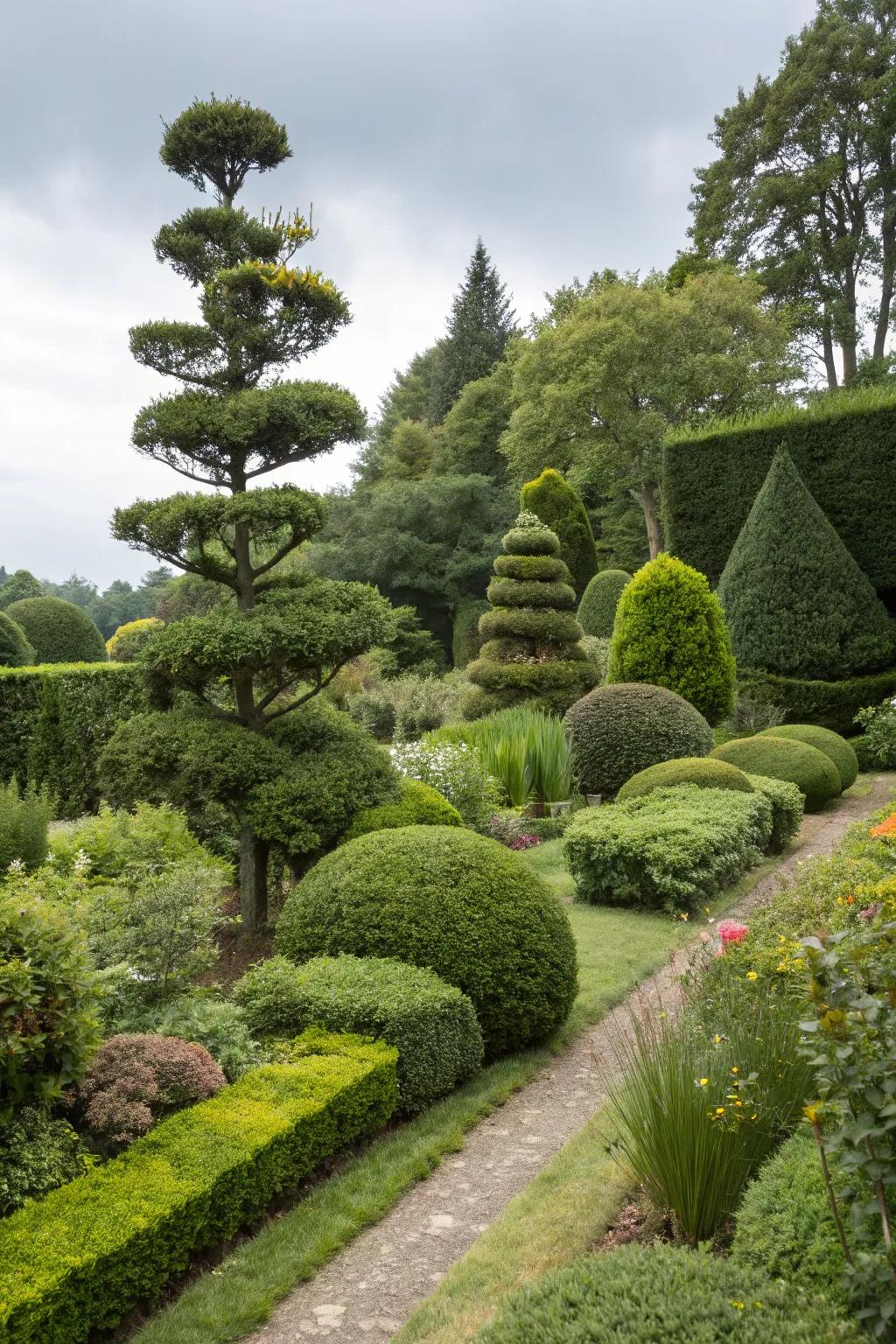 Layered bush shapes add depth and complexity to garden design.