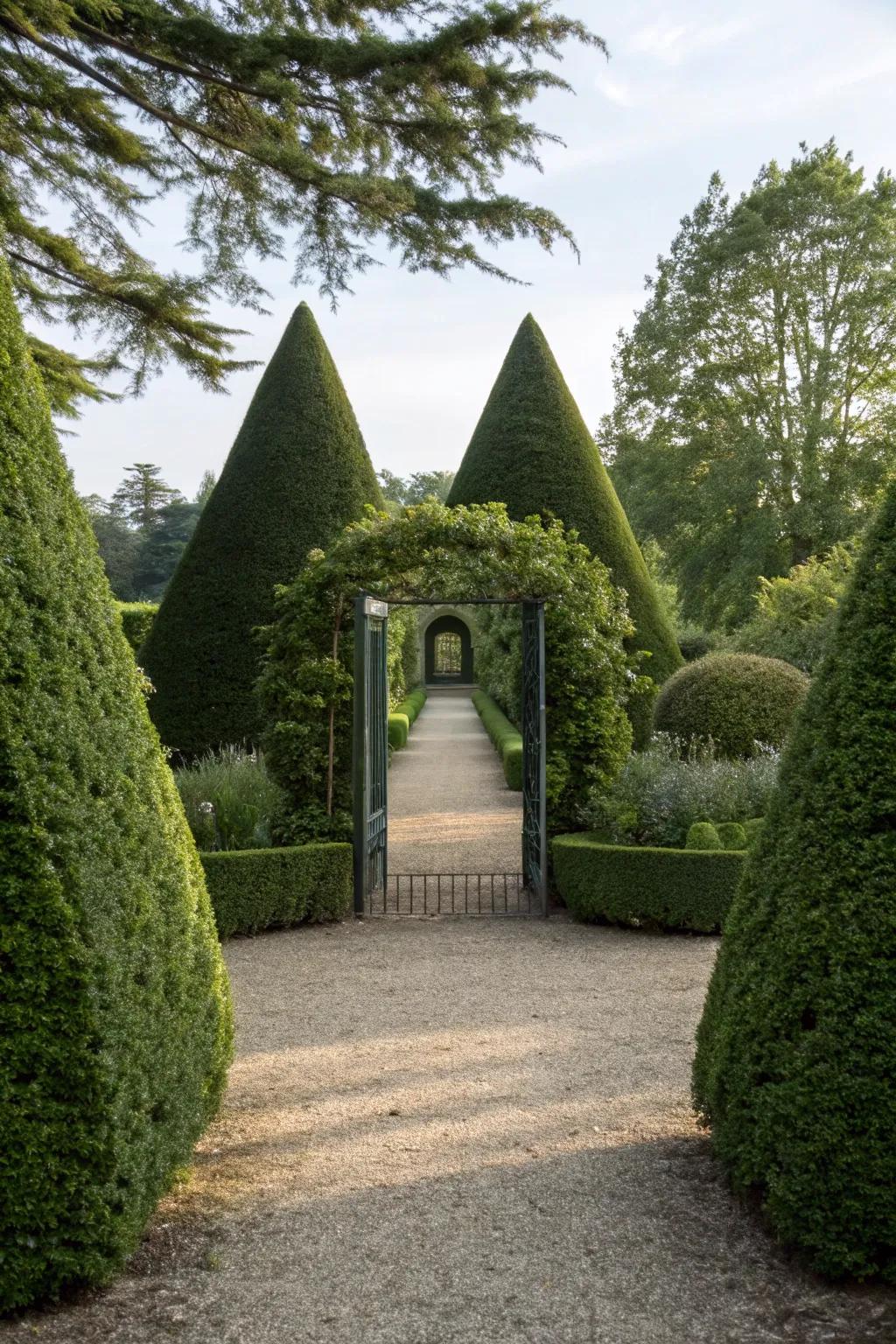 Pyramid-shaped bushes offer a majestic entrance to your garden.