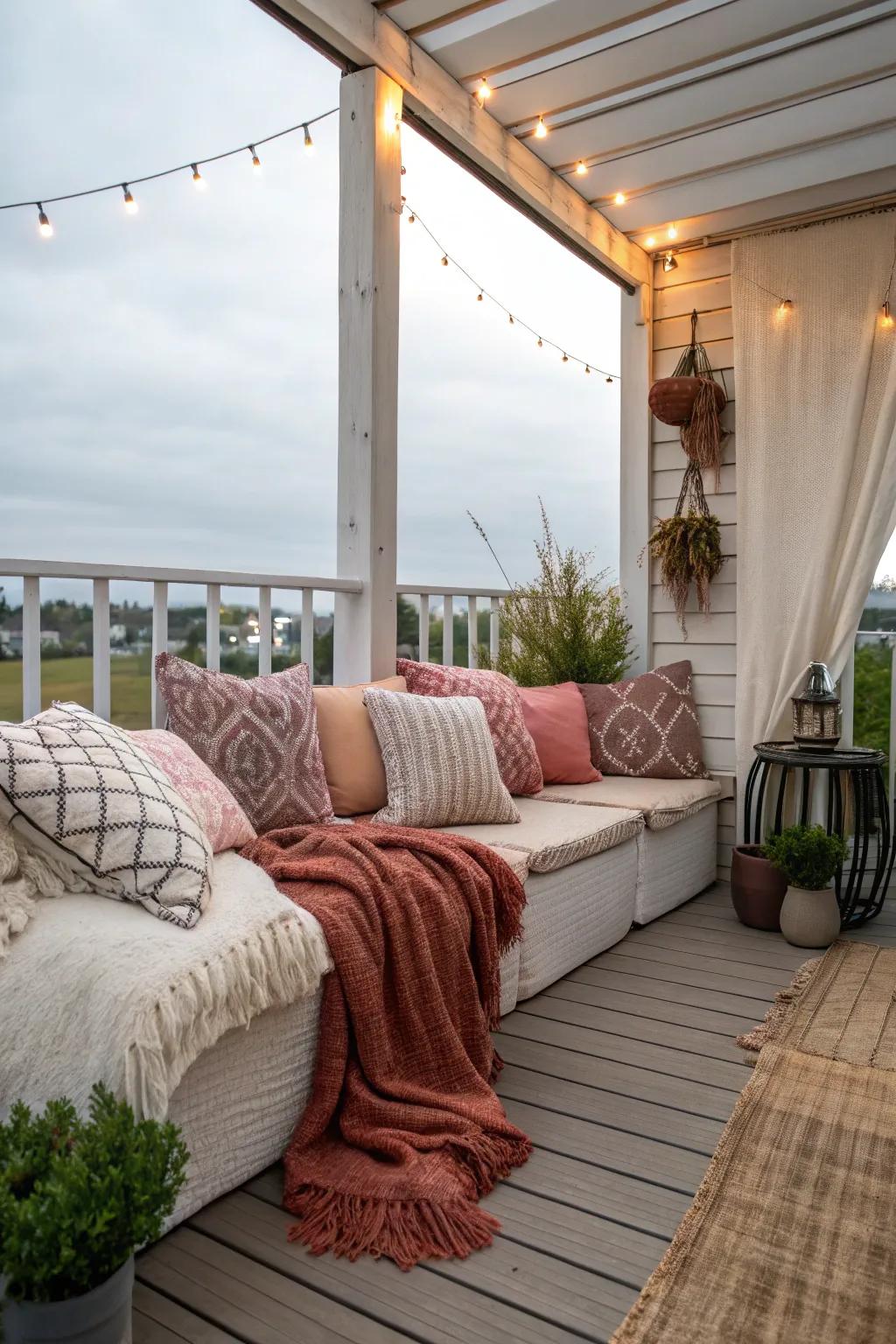 A cozy nook invites relaxation and comfort on this porch deck.
