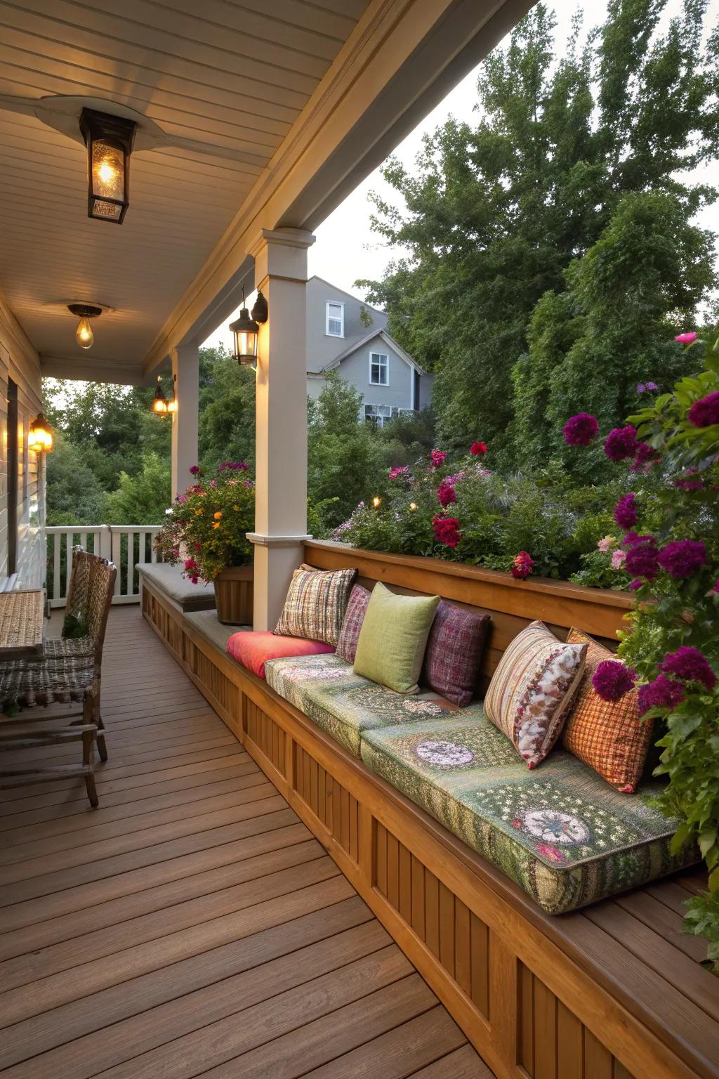 Built-in seating provides a perfect blend of style and comfort on this porch deck.