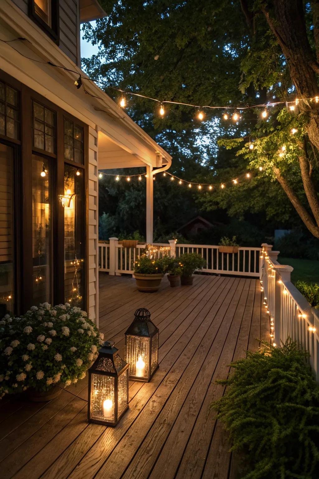 Ambient lighting transforms this porch deck into a magical evening retreat.