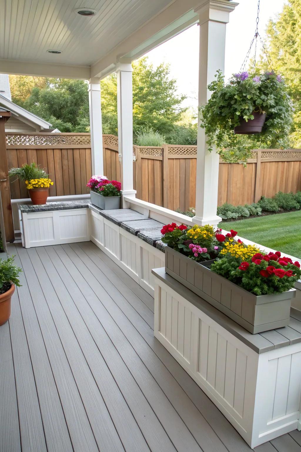 Functional features enhance both style and utility on this porch deck.