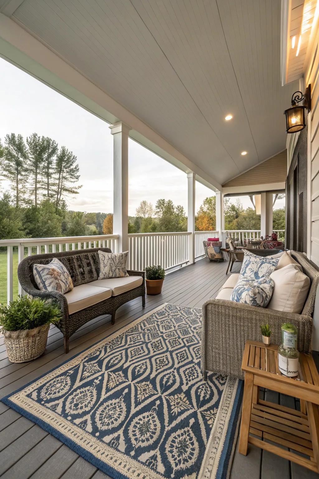 Indoor elements bring comfort and continuity to this porch deck.