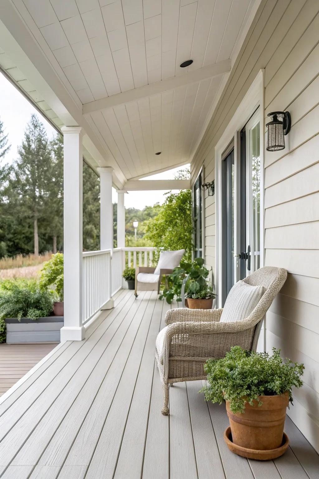 A minimalist design creates a serene and uncluttered porch deck.