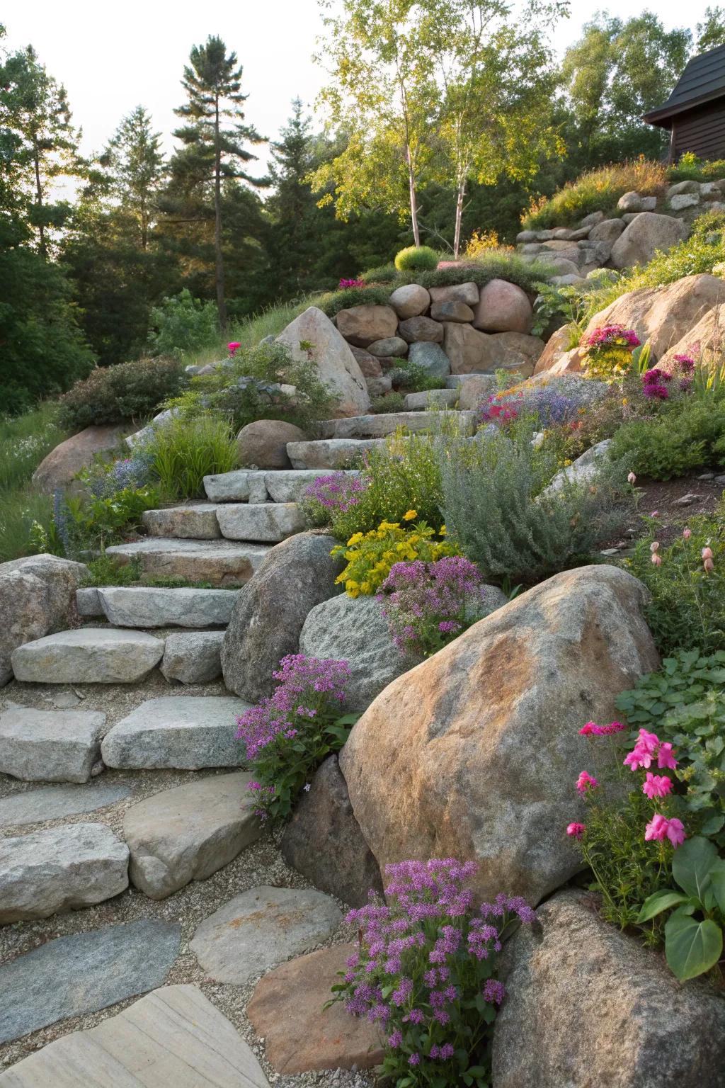 Hillside steps accented with decorative rocks