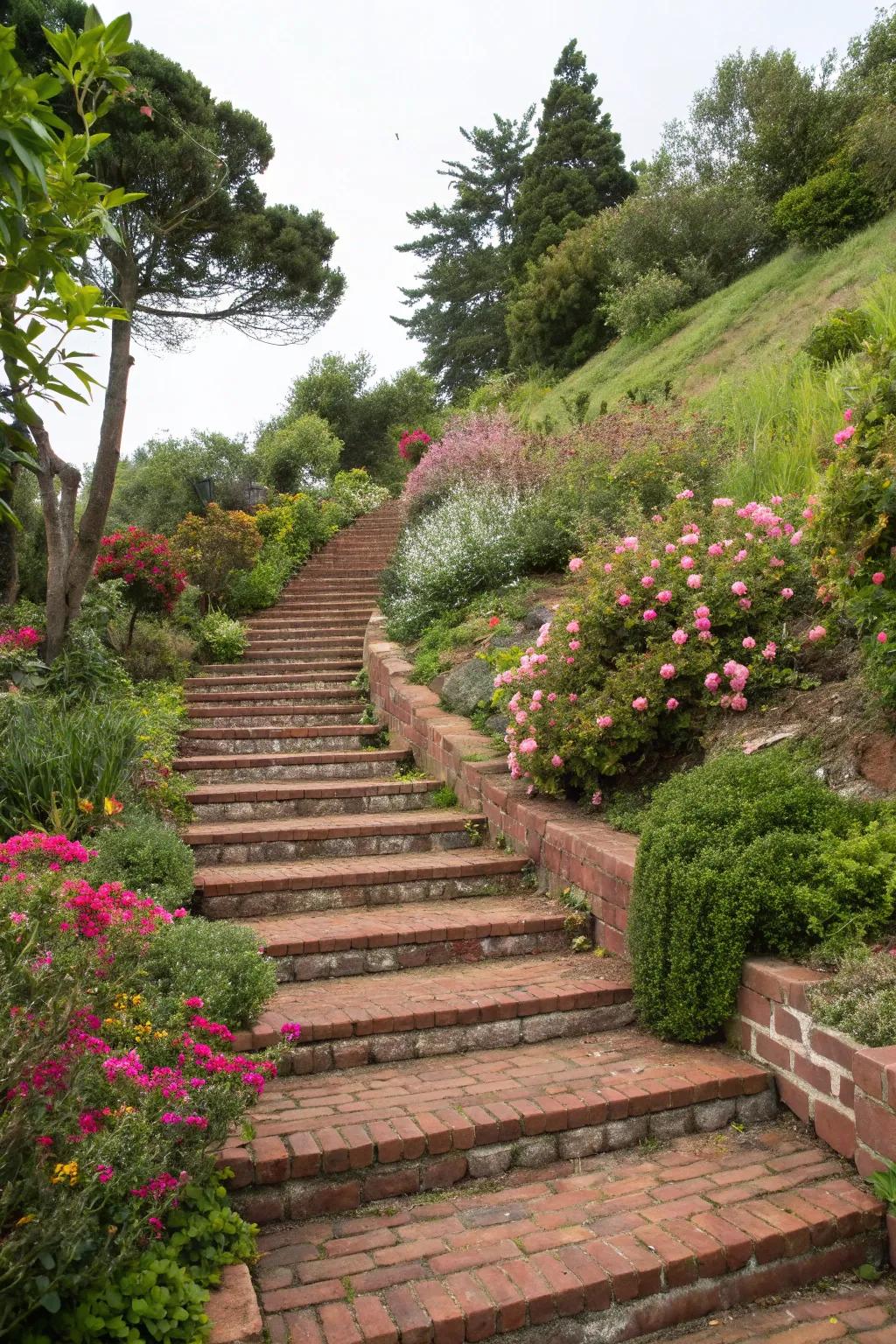 Timeless brick steps on a landscaped hillside