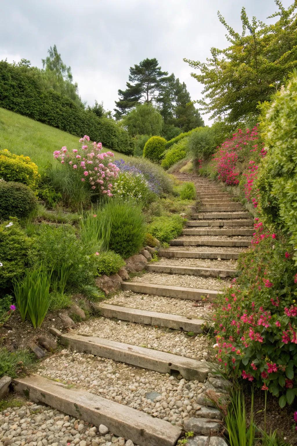 Tactile pebble-covered hillside steps
