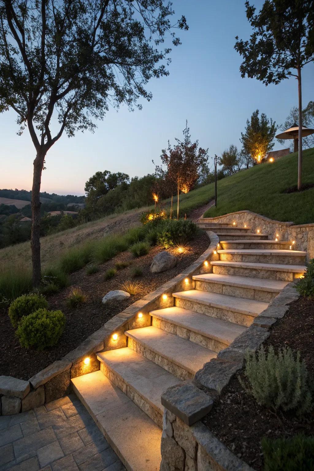 Hillside steps with enchanting integrated lighting