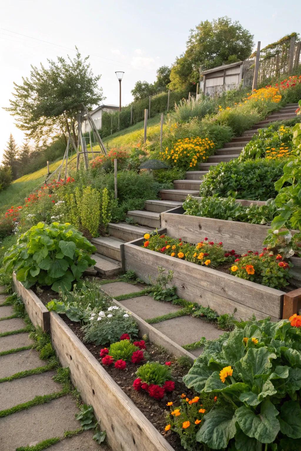 Terraced garden steps with vibrant plantings