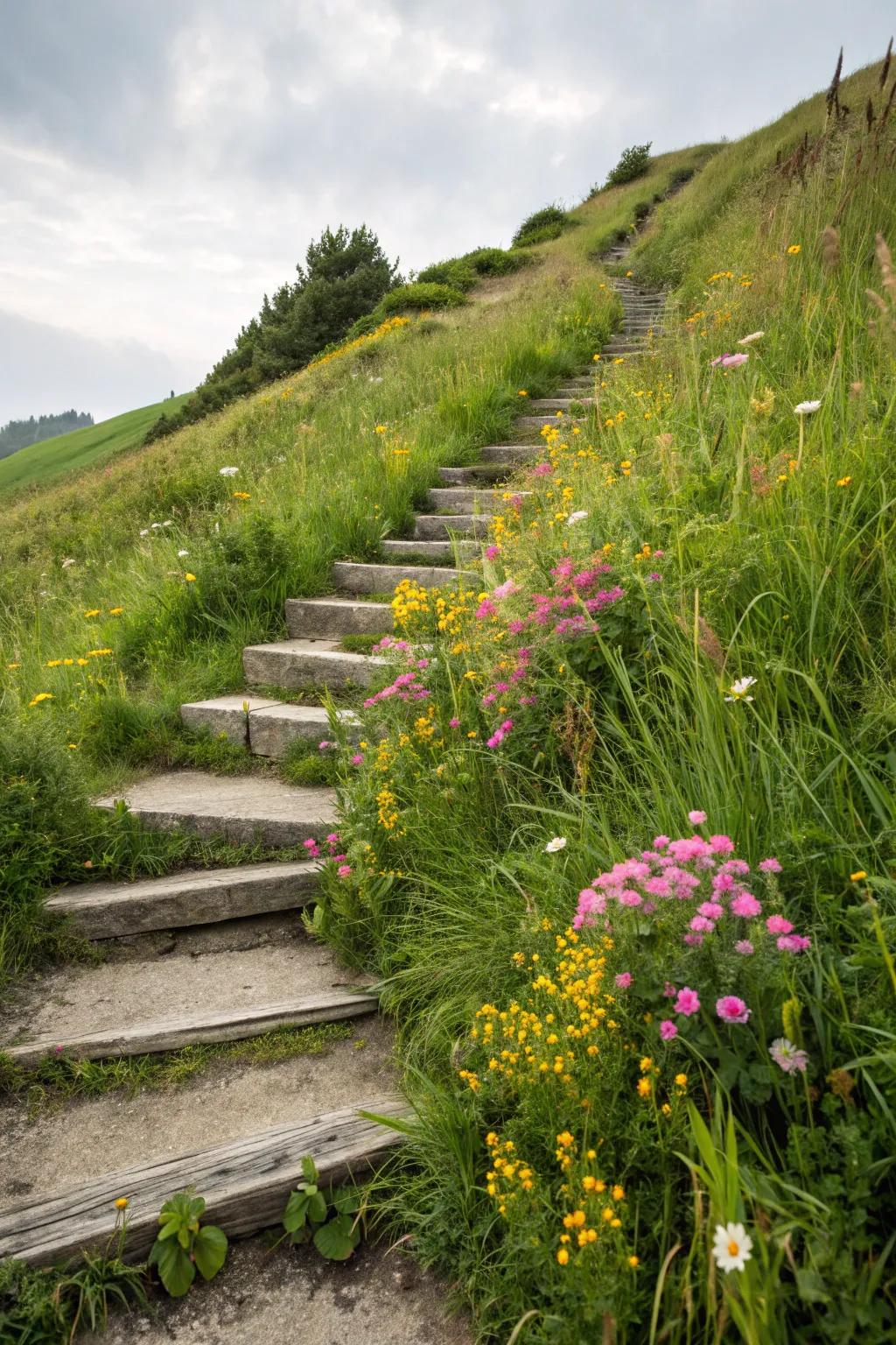 Natural stone steps surrounded by wildflowers on a hillside