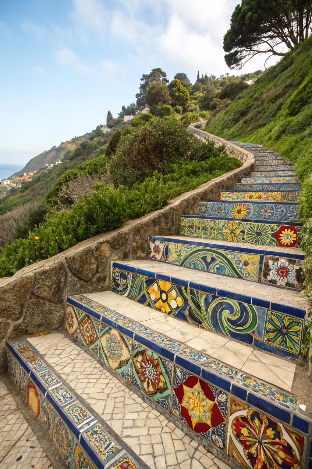Artistic mosaic-tiled steps on a hillside
