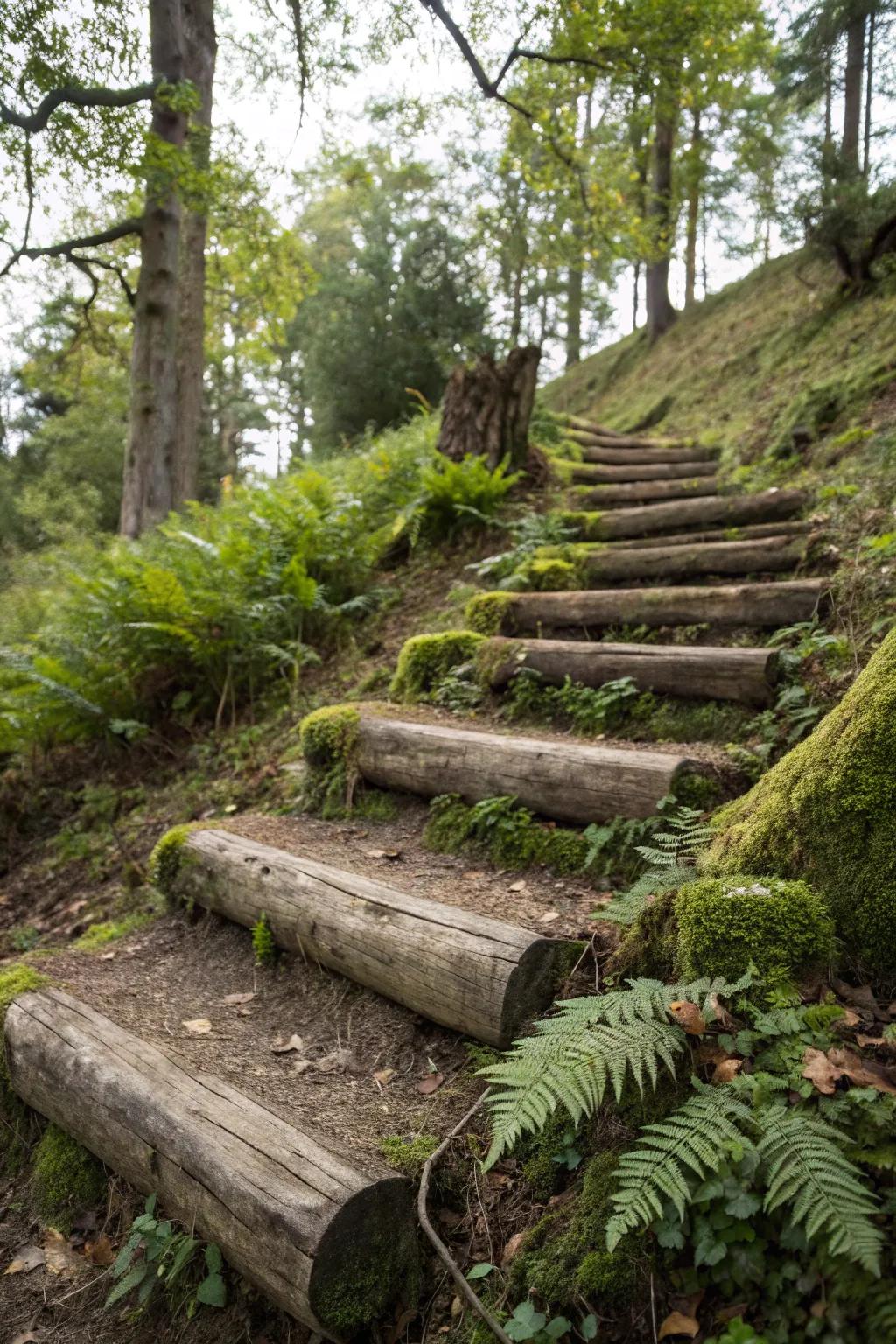 Rustic wooden log steps nestled among ferns