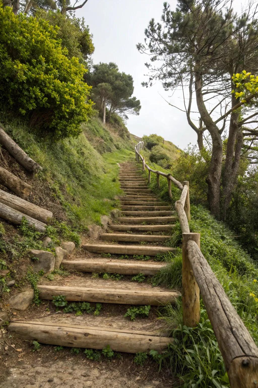 Rustic log staircase on a hillside