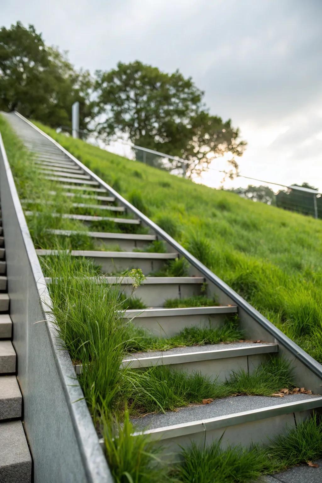 Contemporary steel-edged steps with grass inlays