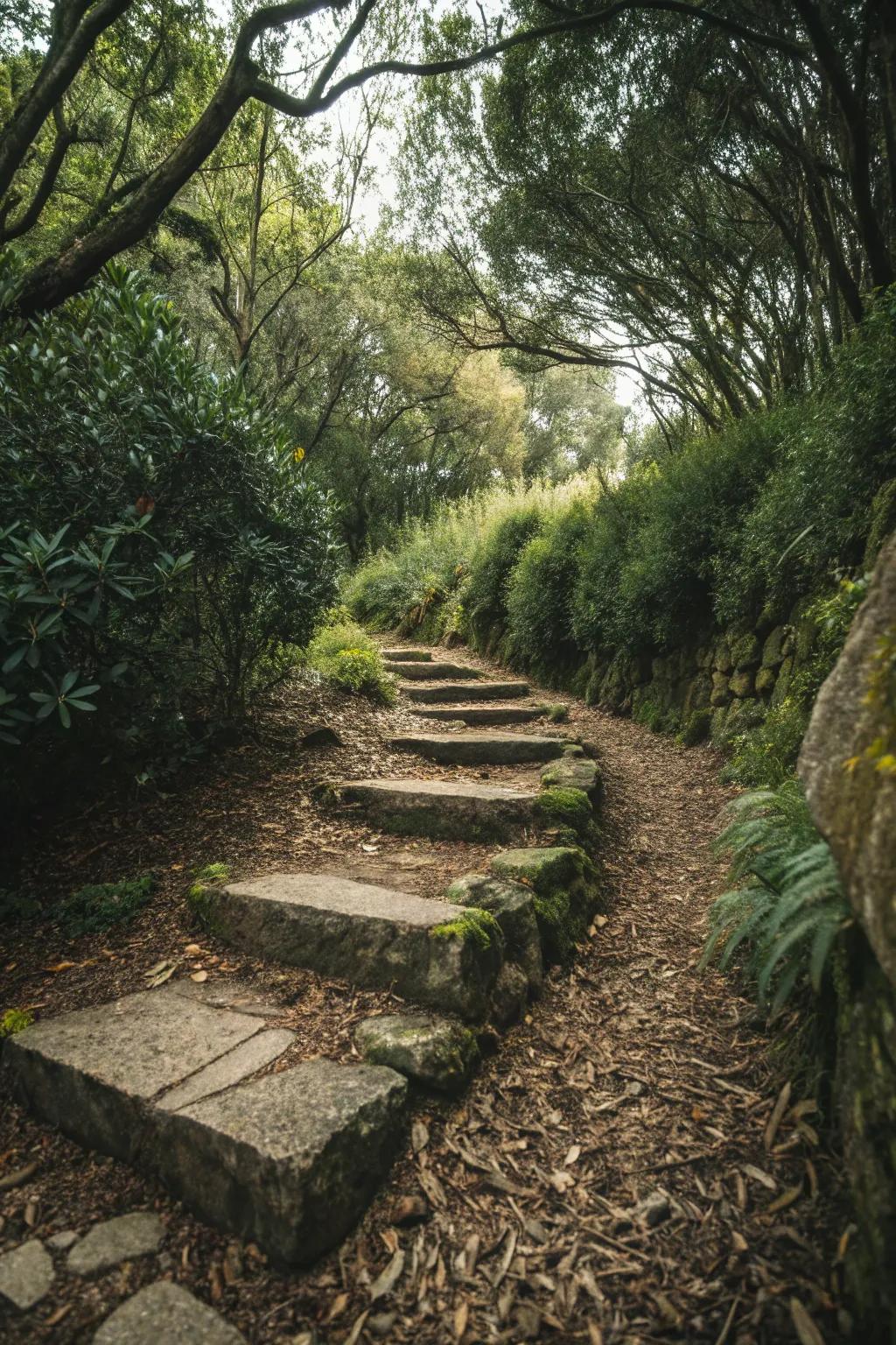 Natural mulch path with stone steps
