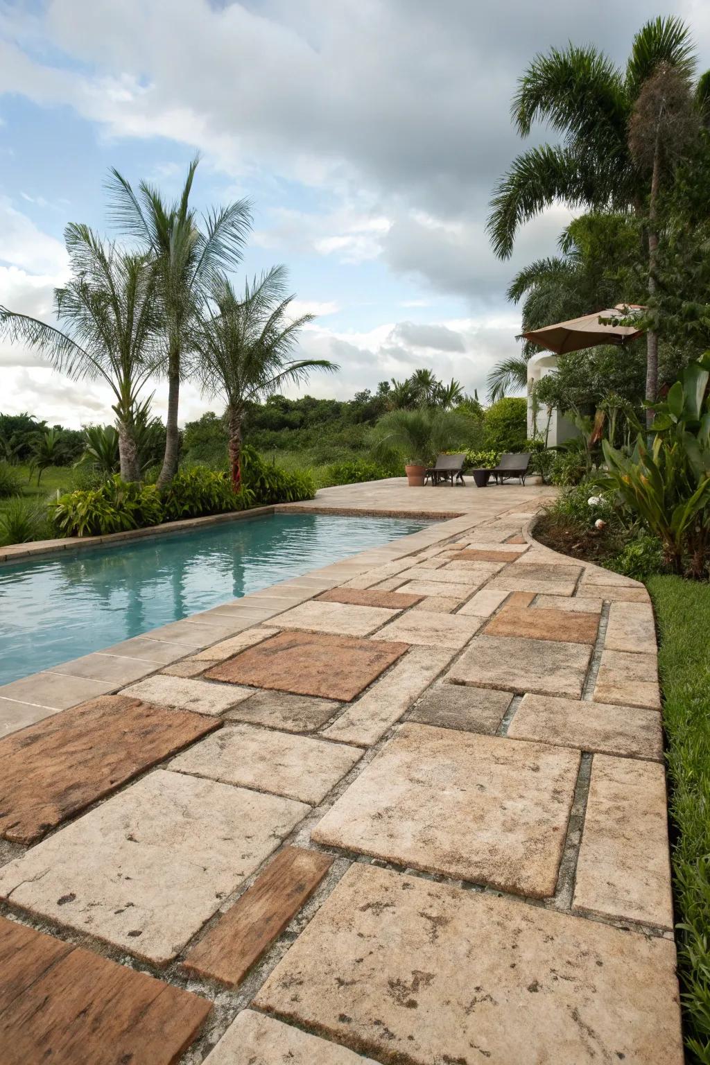 Rustic charm with weathered pavers around the pool.