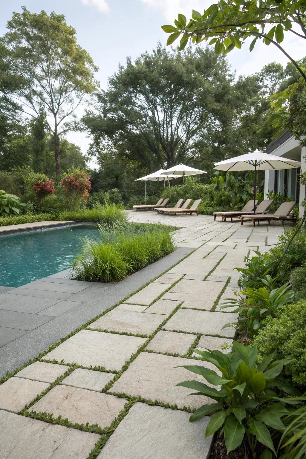 Natural greenery integrated with large poolside pavers.