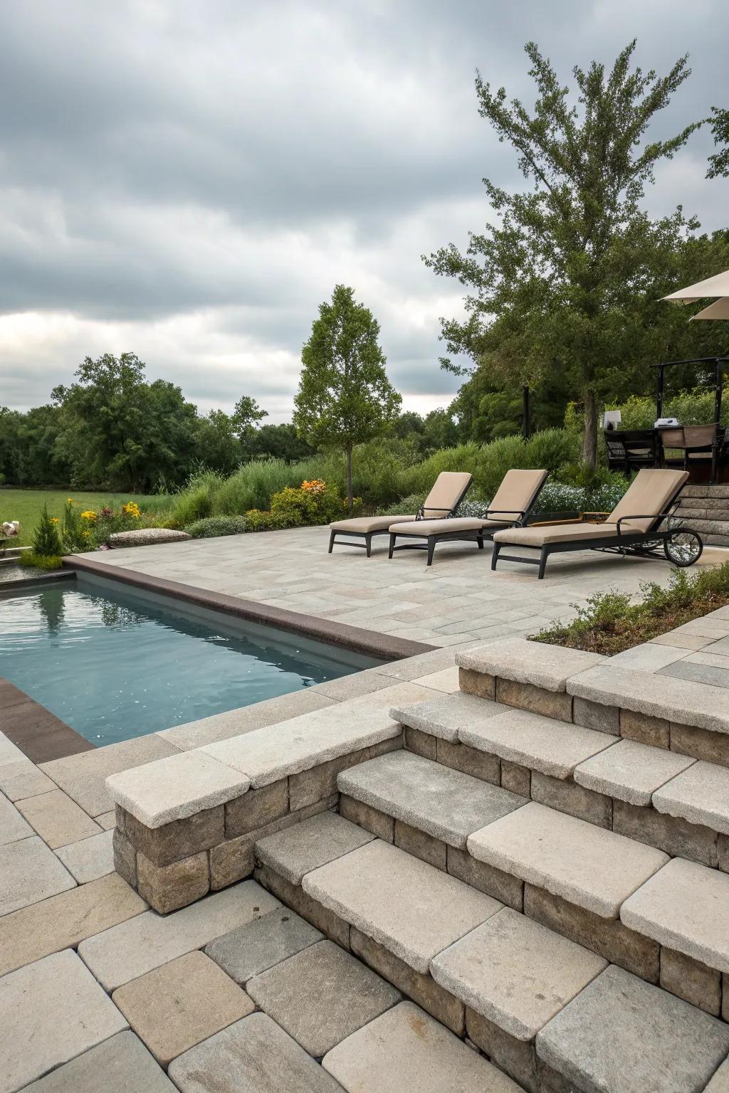 Visual depth with layered levels in poolside paver design.