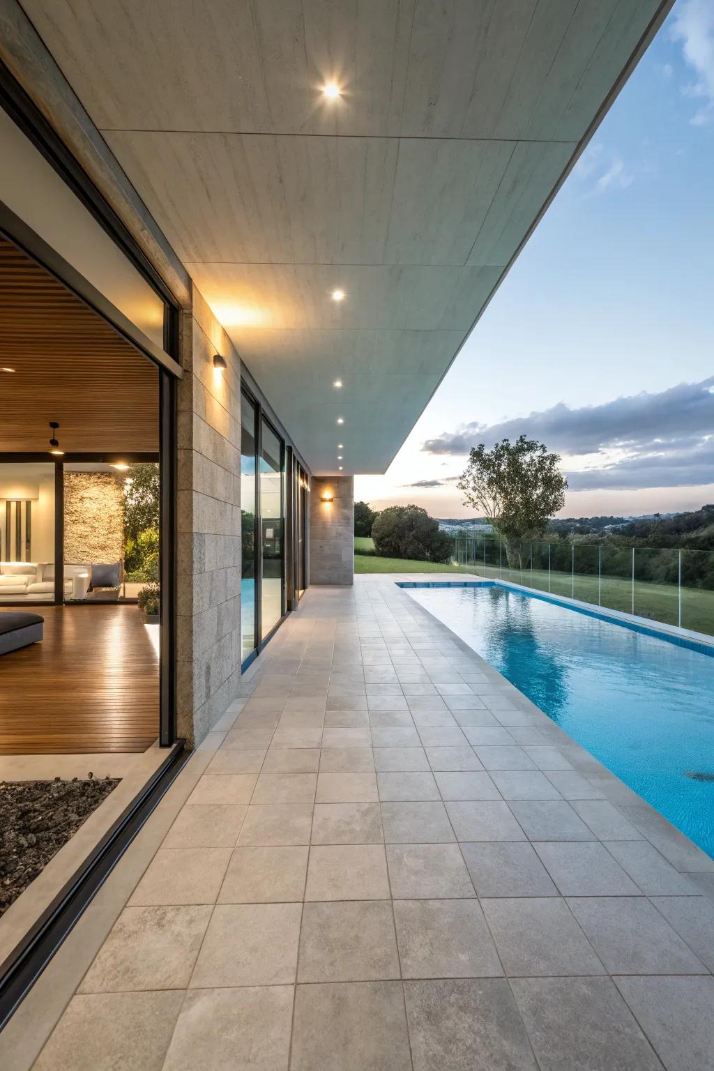 Seamless indoor-outdoor transition with continuous paver design.