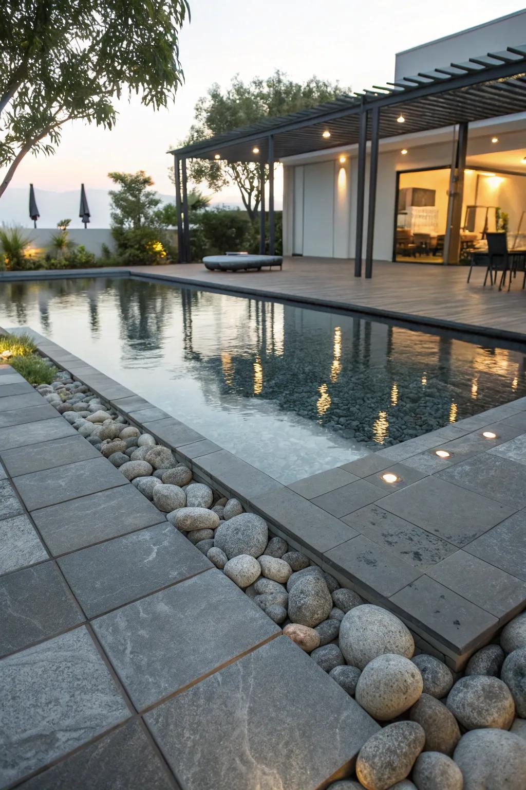 Luxe reflective surfaces adding shimmer to the pool area.