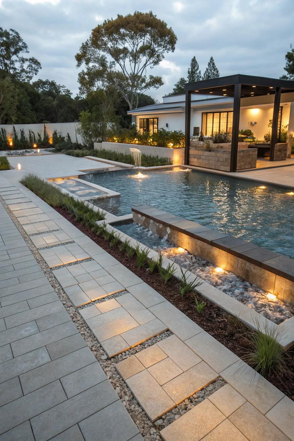 Harmonious blend of pavers and water features around the pool.