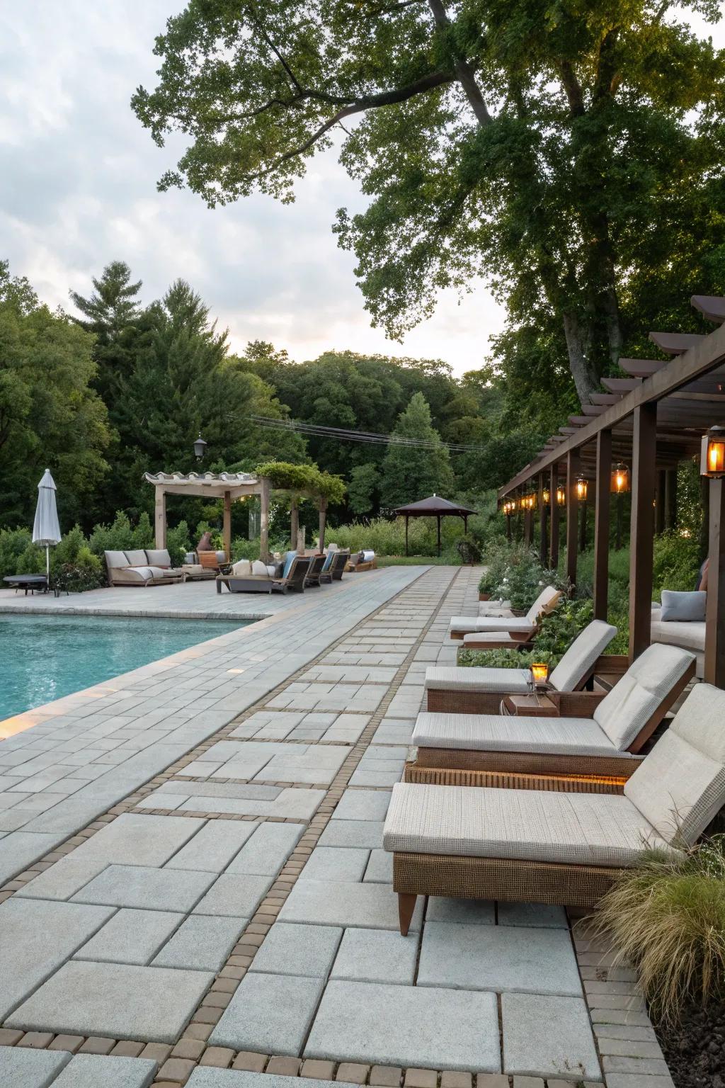 Inviting paver paths leading to cozy corner seating.