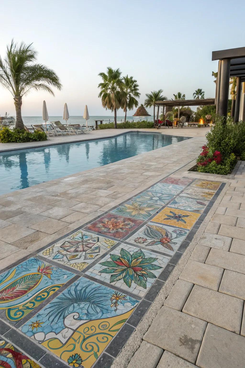 Artistic mosaics adding color and character to the pool area.