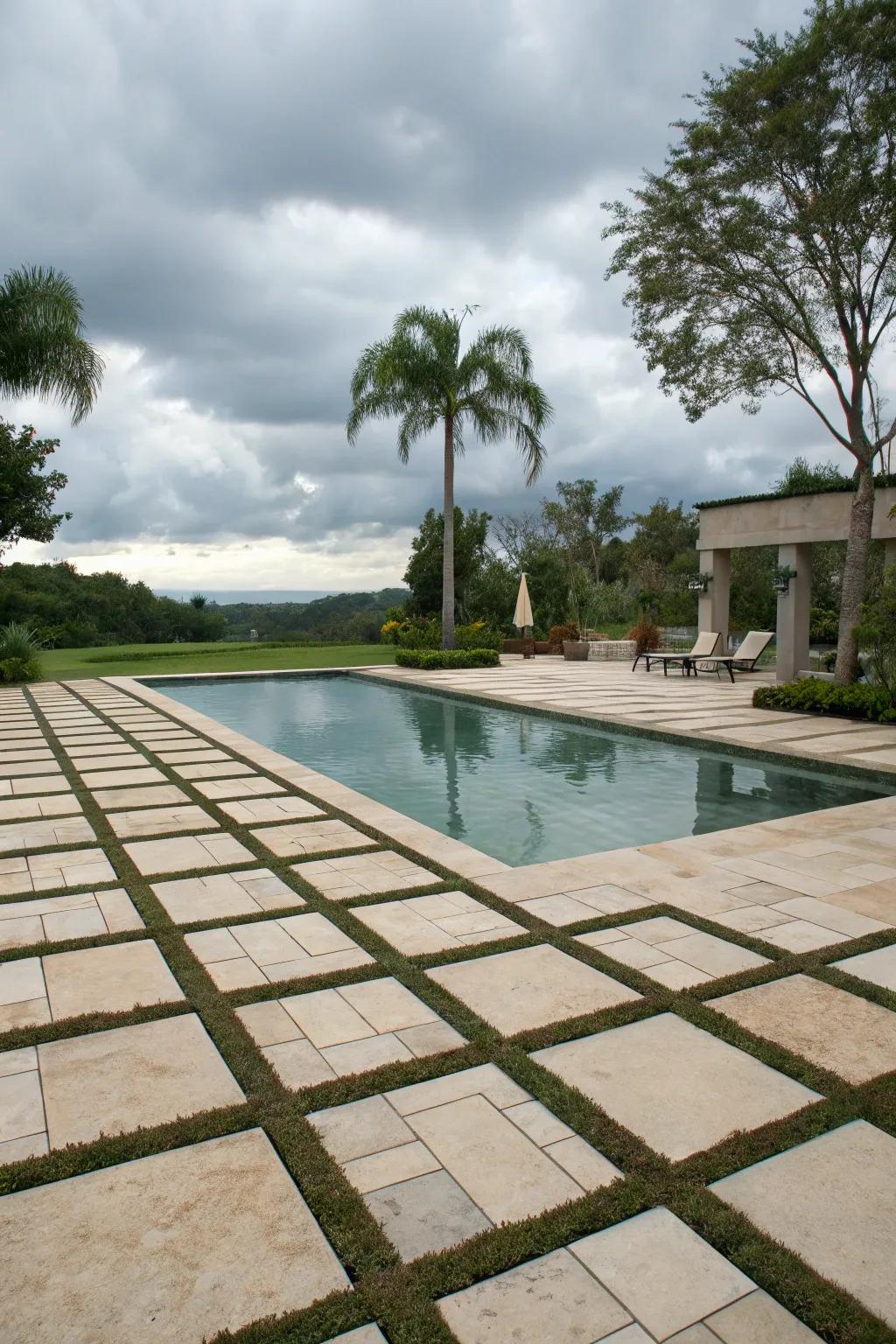 Geometric patterned pavers adding sophistication to the pool area.