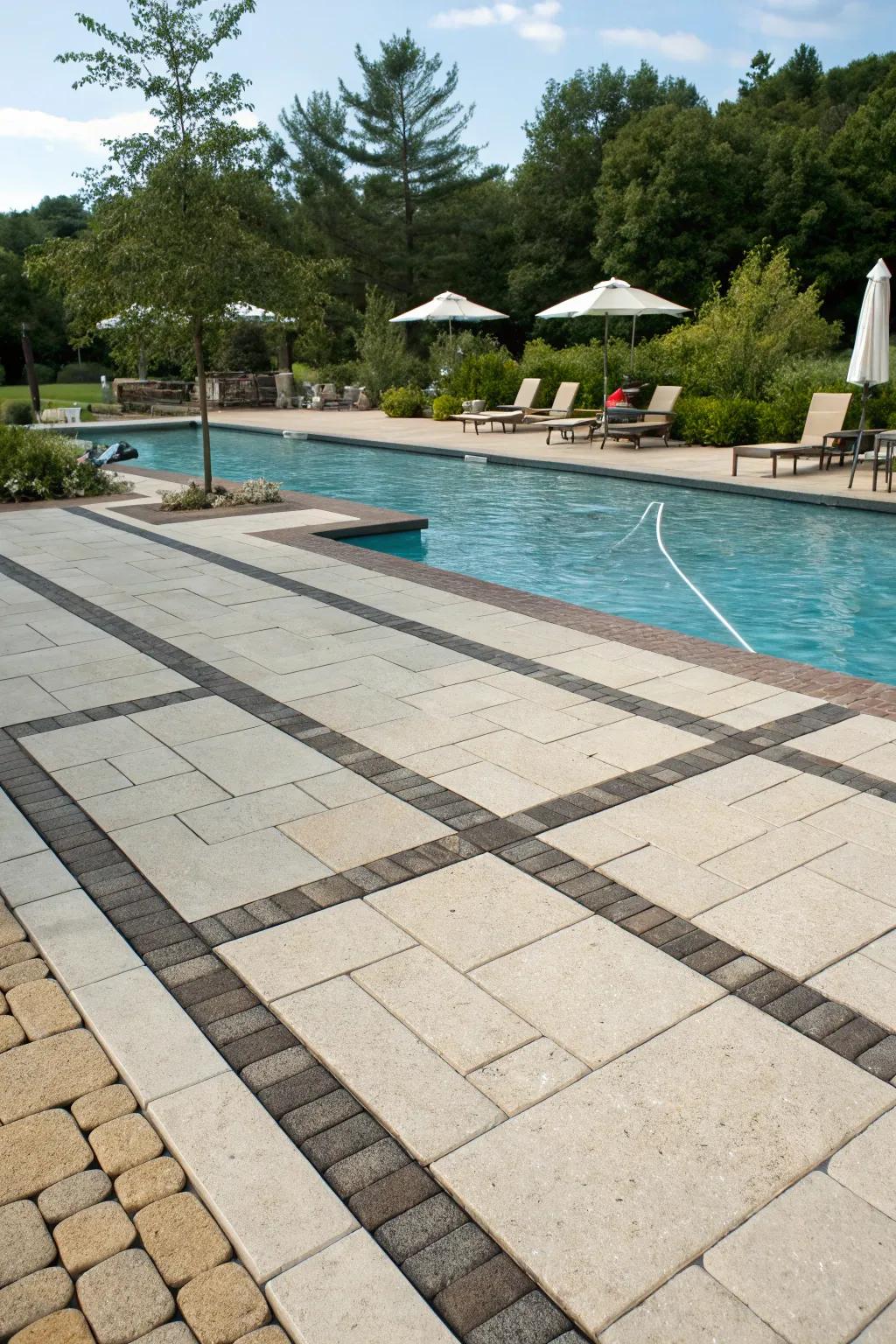 Defined spaces with bold paver borders around the pool.