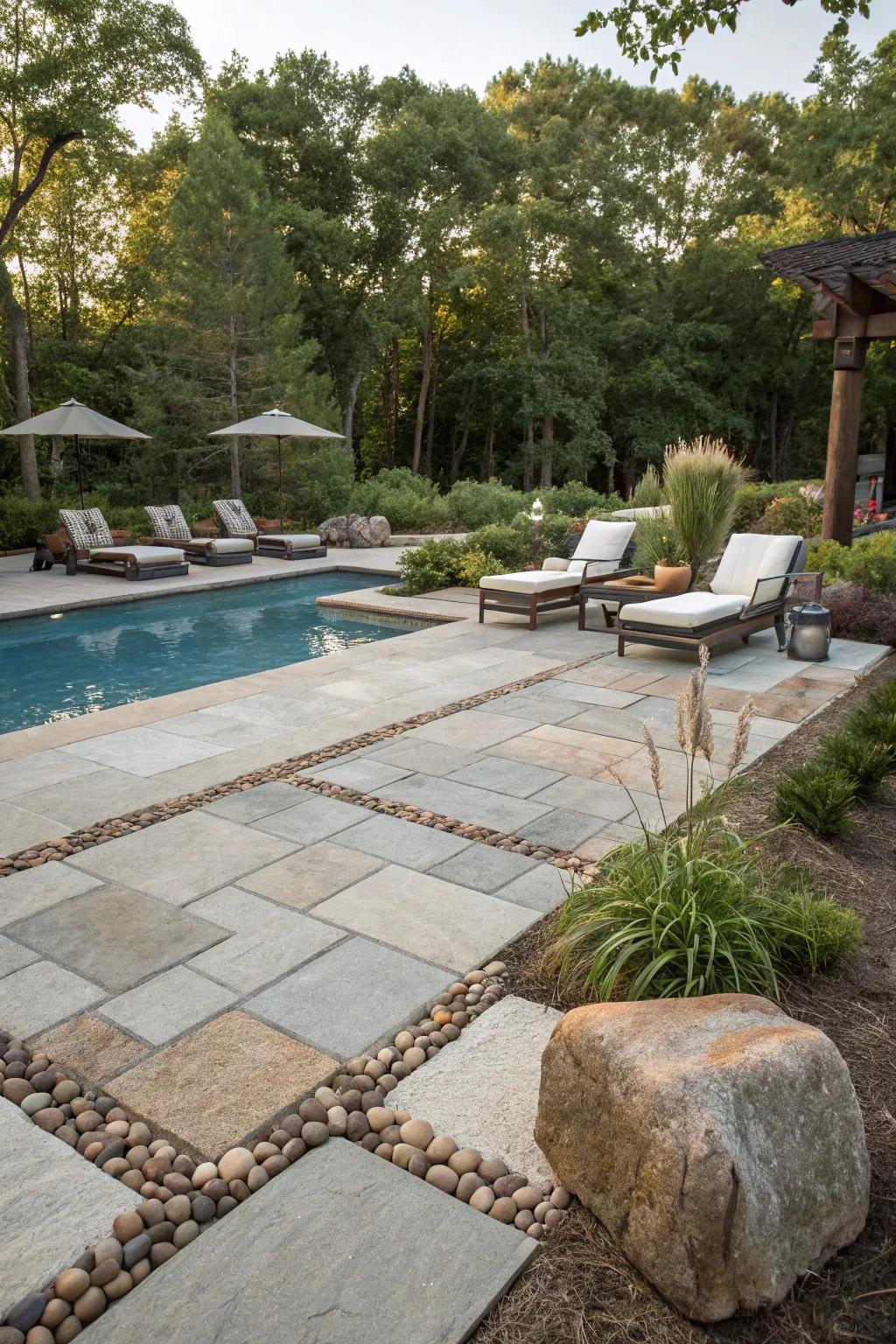 Textured design with mixed materials around the pool.