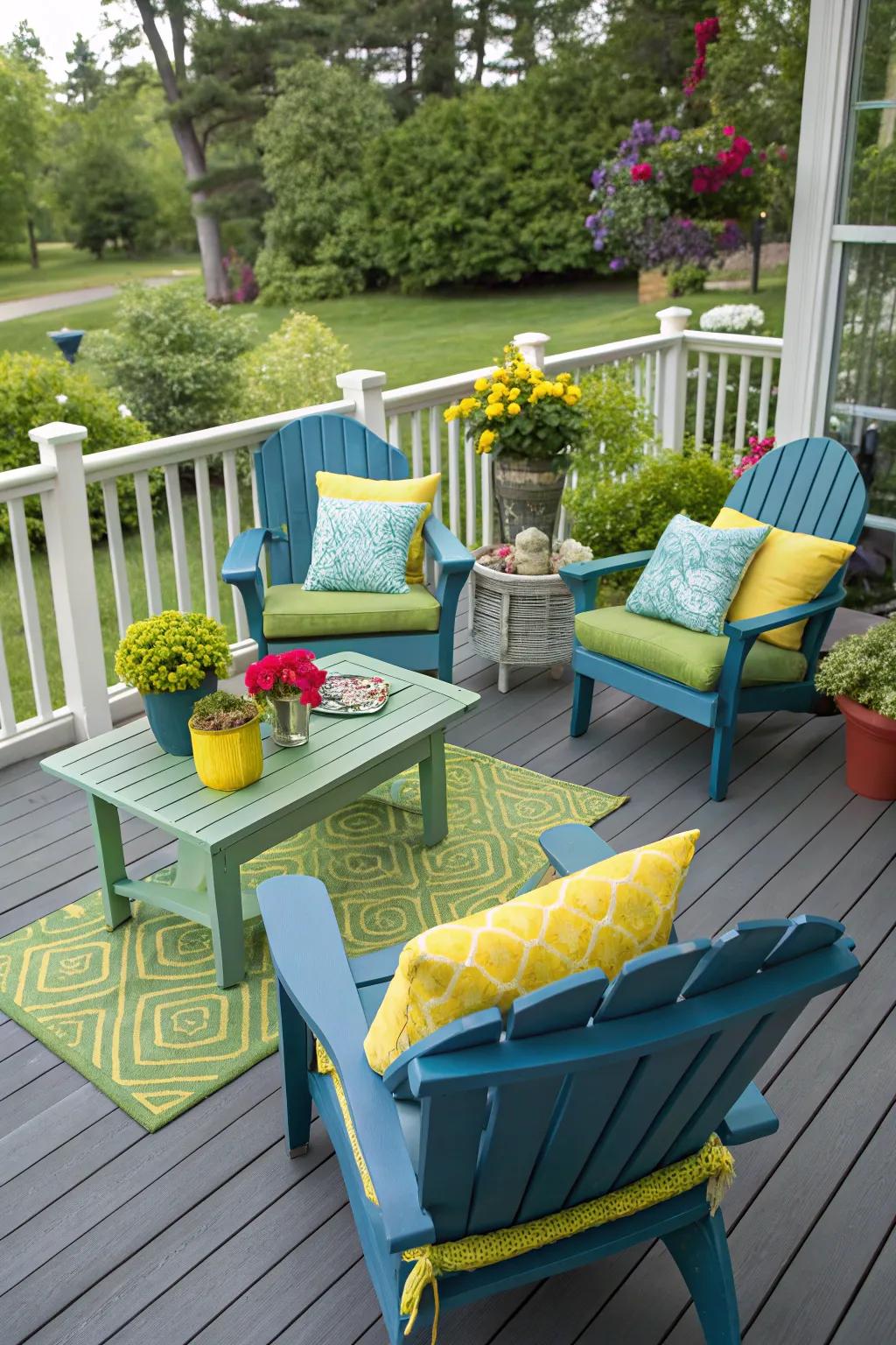 Outdoor furniture adding a splash of color to the deck.