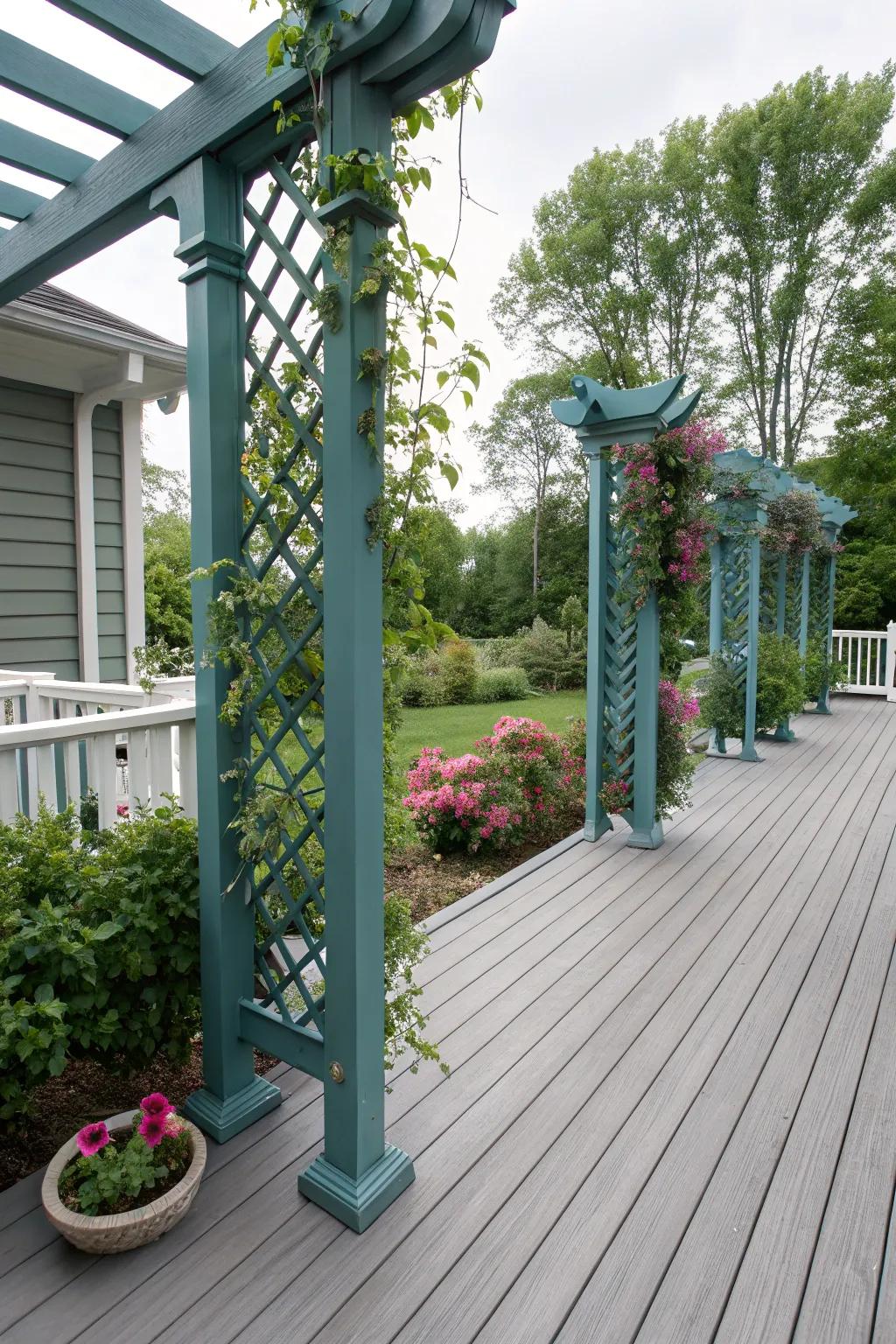 Vertical trellis elements adding depth to the deck.
