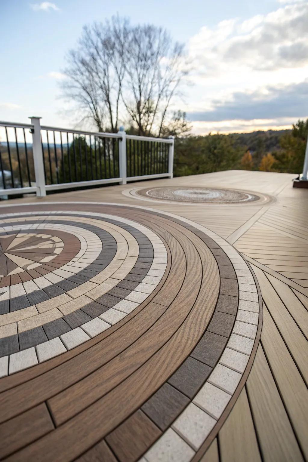 A circular inlay adds a unique touch to the deck.