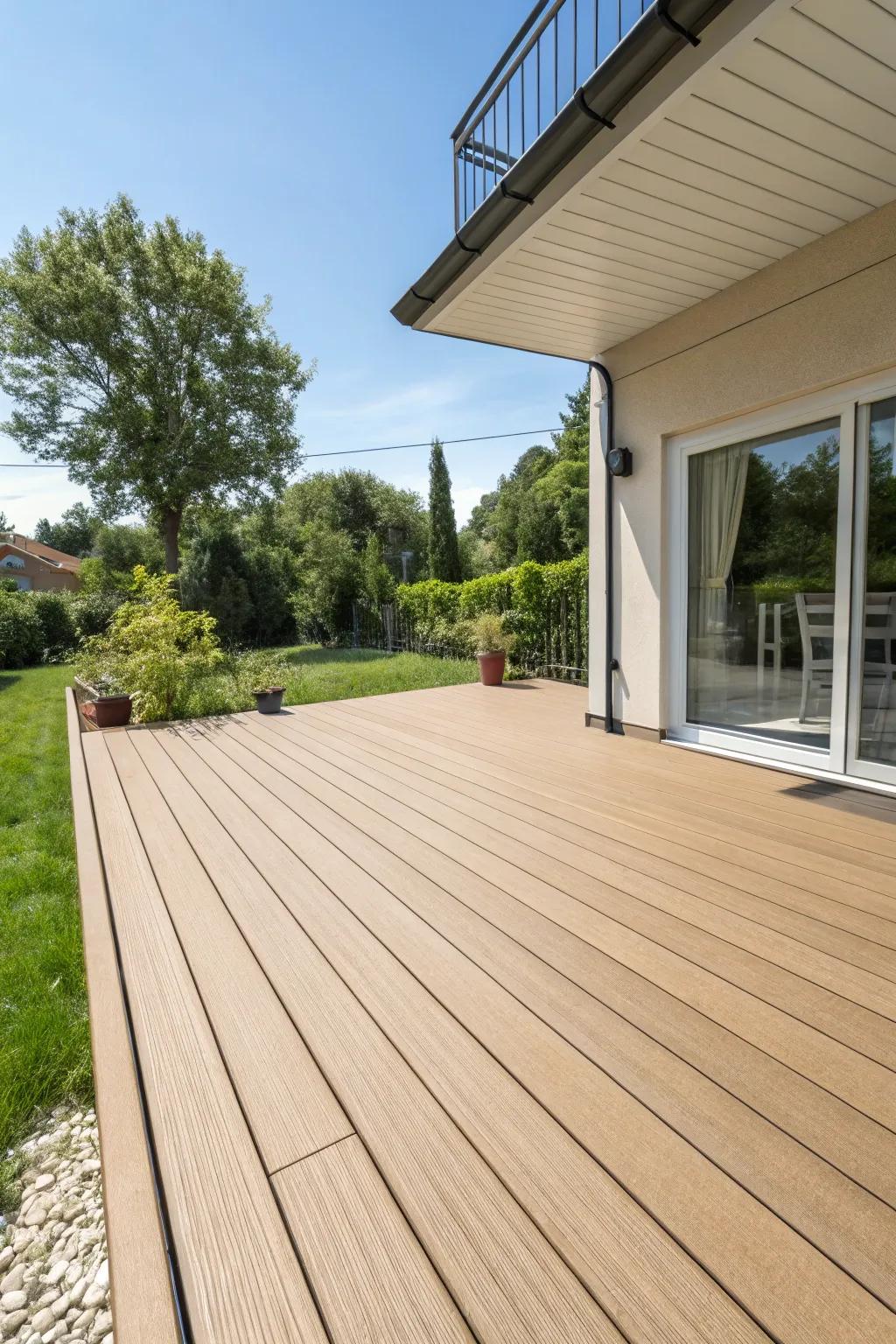 Composite deck with a natural wood appearance.