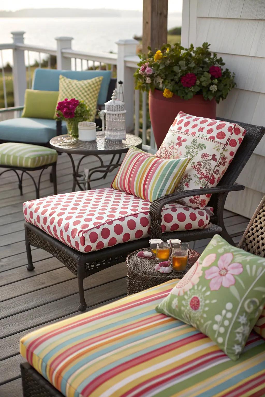 Patio furniture with cushions in various patterns and colors.