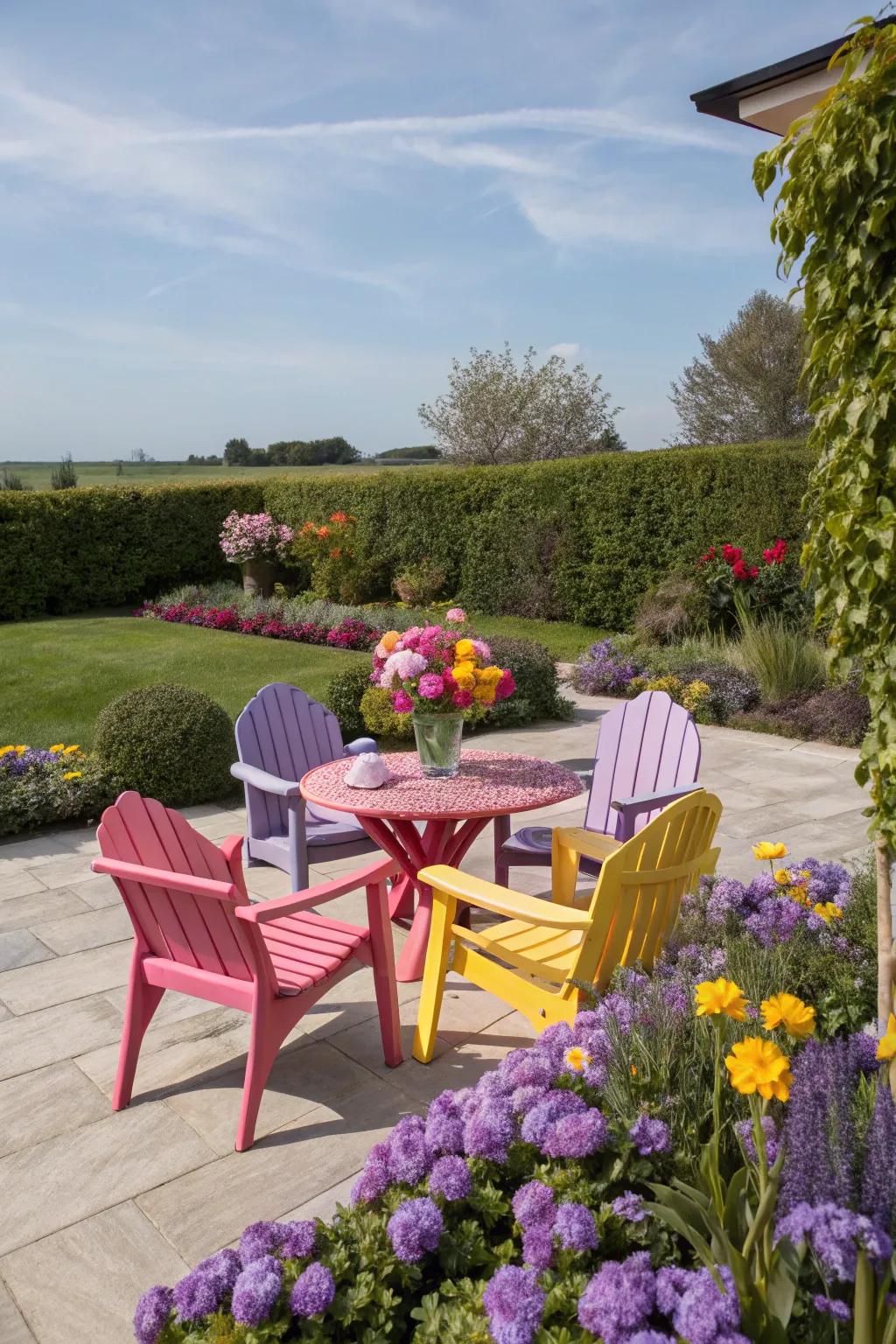 Patio with furniture colors matching garden flowers.