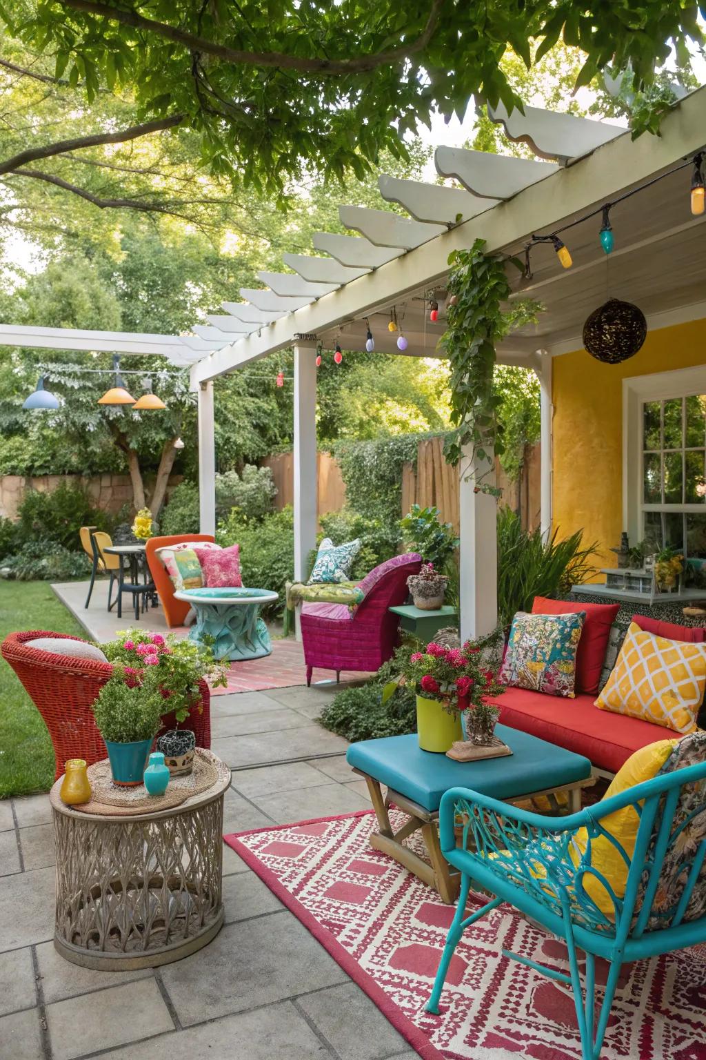 Eclectic patio with mixed styles and colorful furniture.
