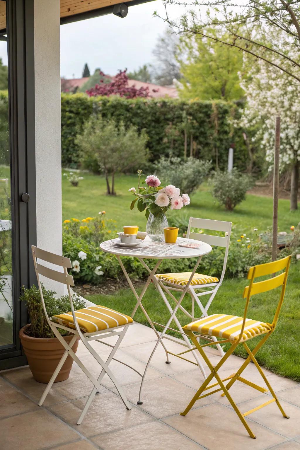 Patio with a yellow and white bistro set.