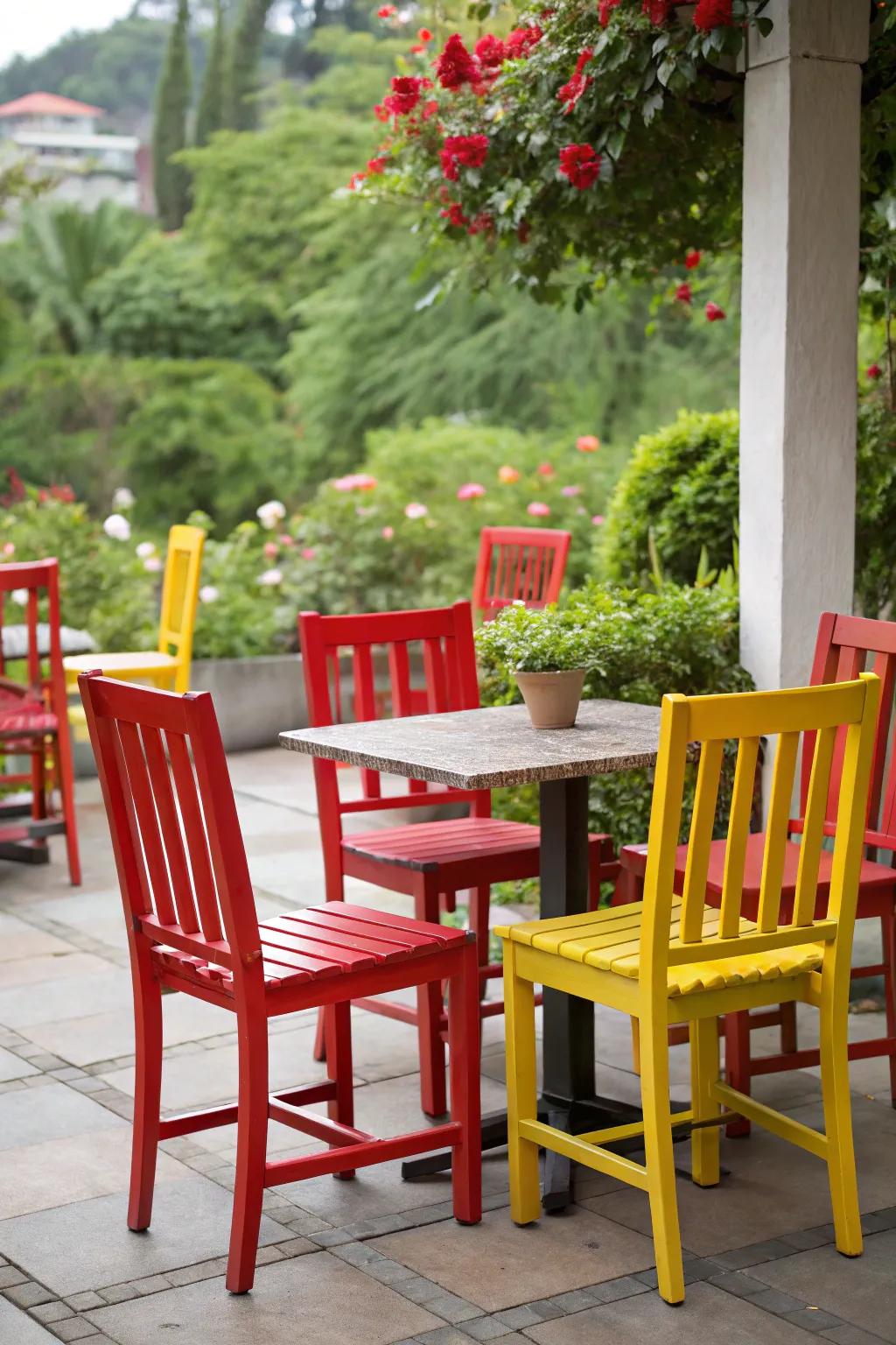 Colorful dining set with red and yellow chairs on a patio.