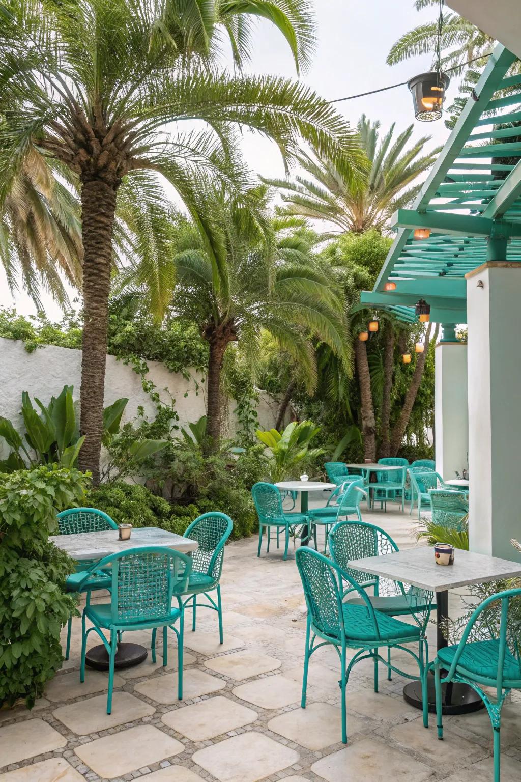 Tropical-themed patio with turquoise furniture and palm plants.