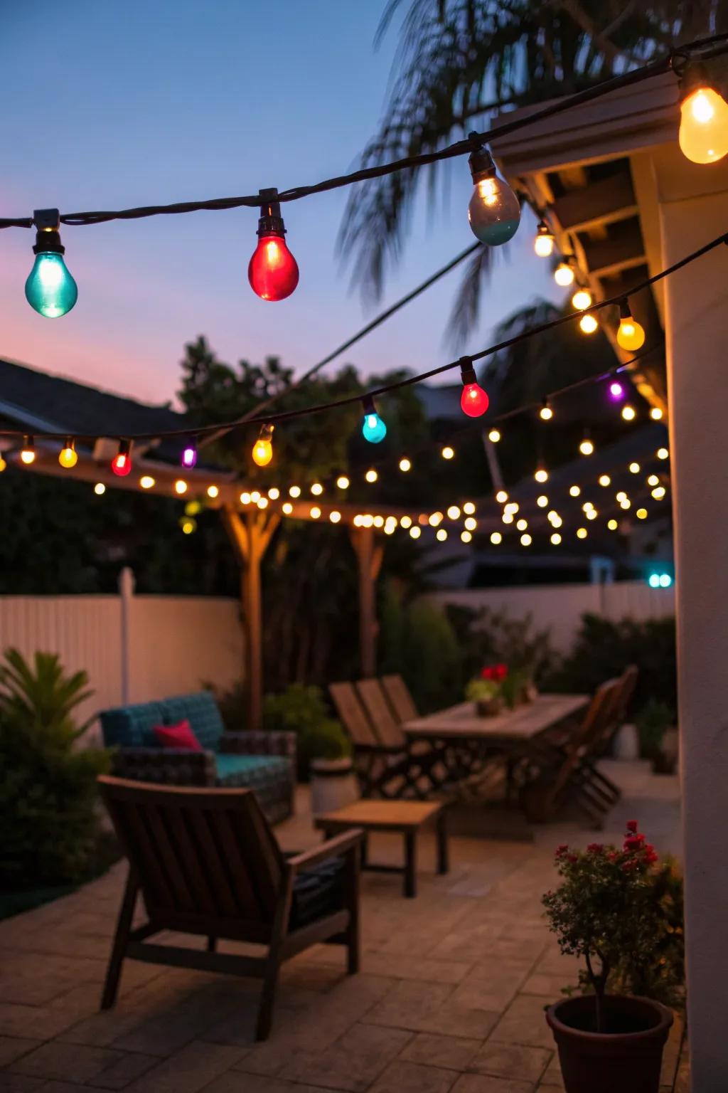 Patio with multicolored string lights at dusk.
