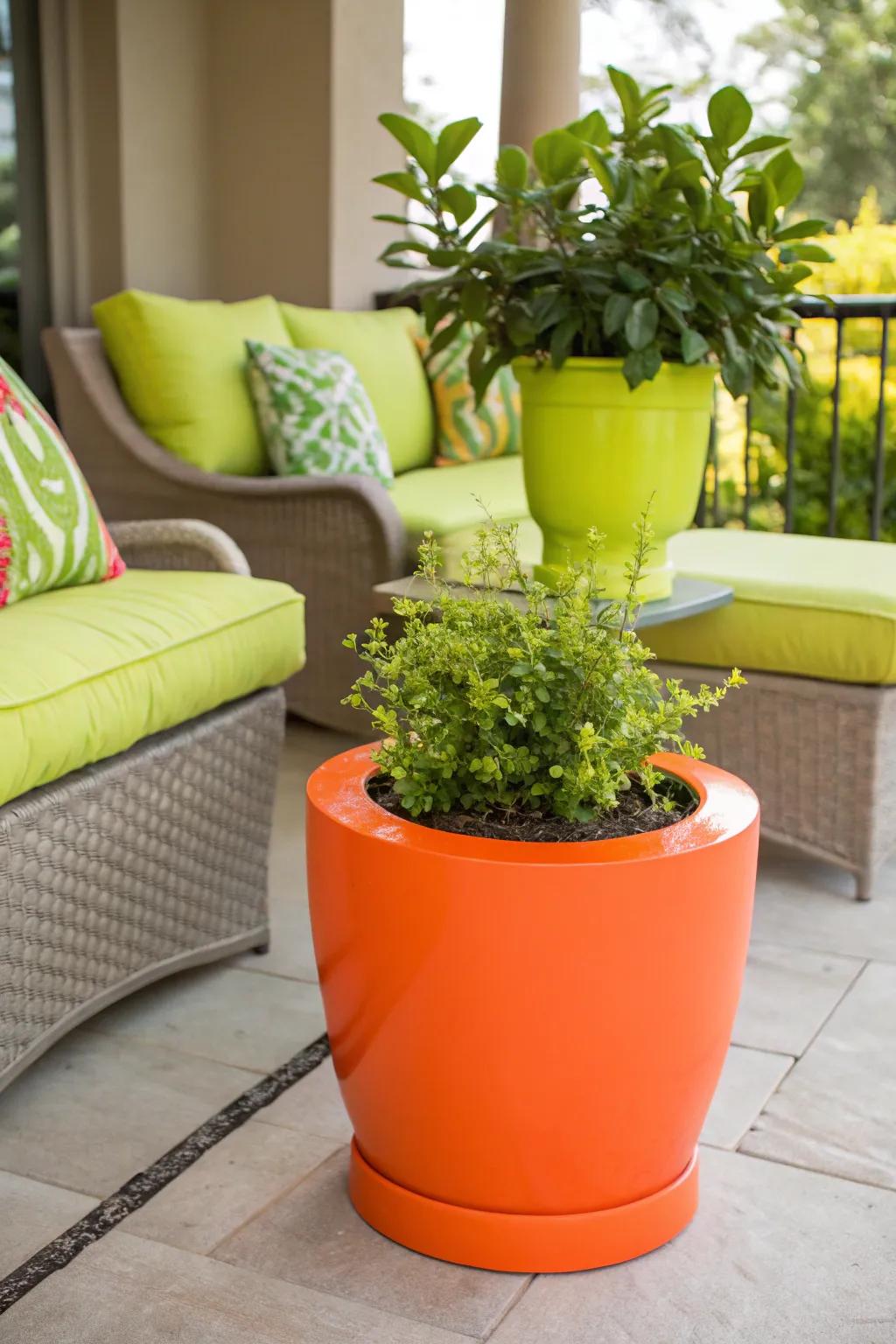 Patio with a bright orange side table and lime green planter.