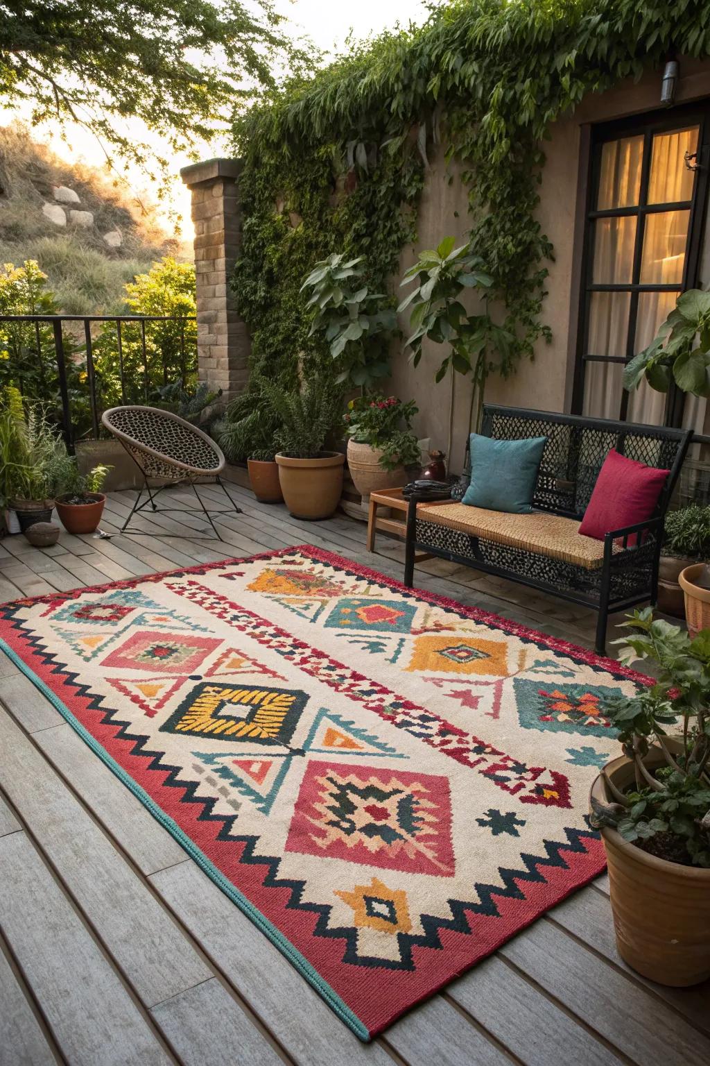 Patio with a vibrant outdoor rug in bold patterns.