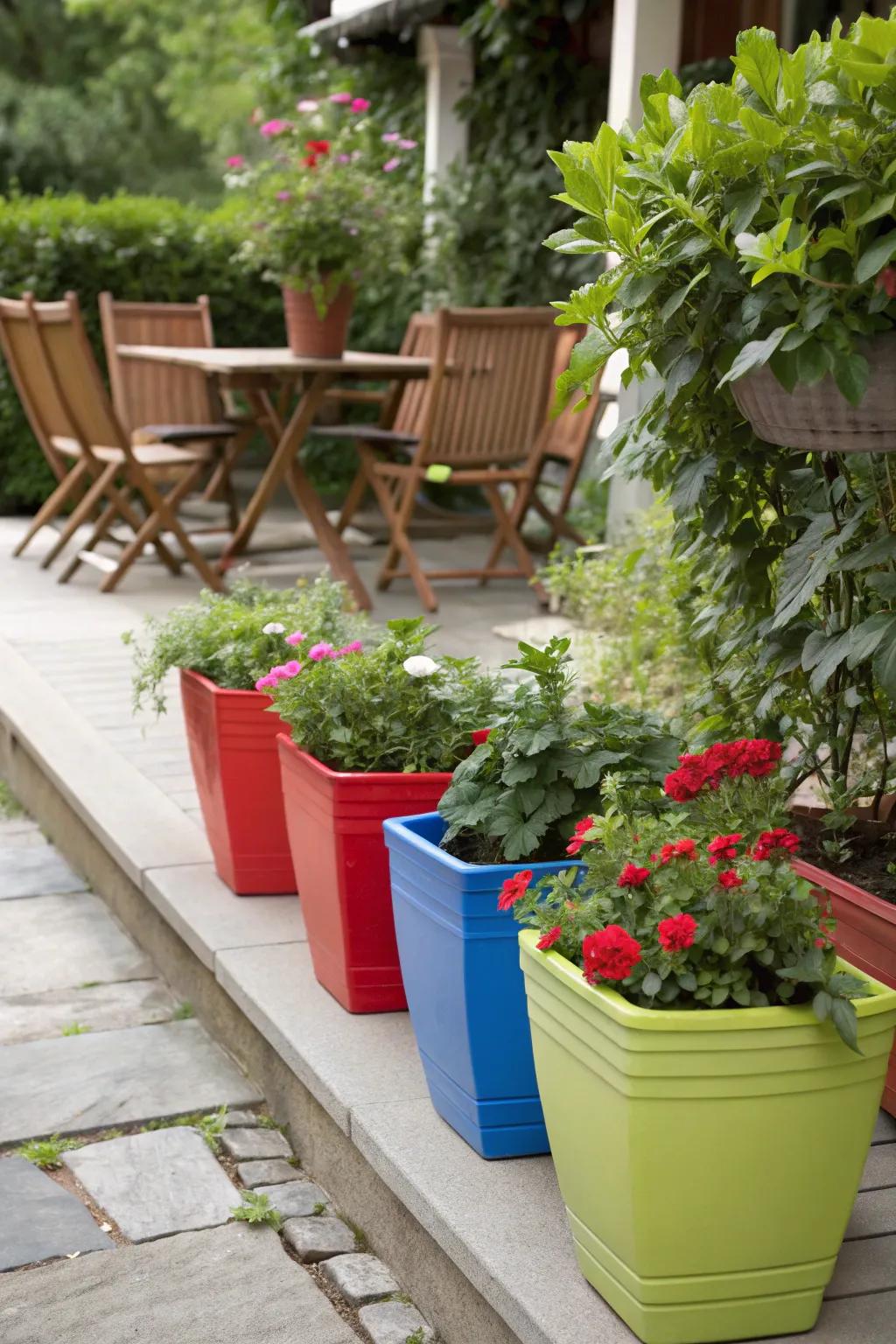 Patio with colorful planters in red, blue, and green.