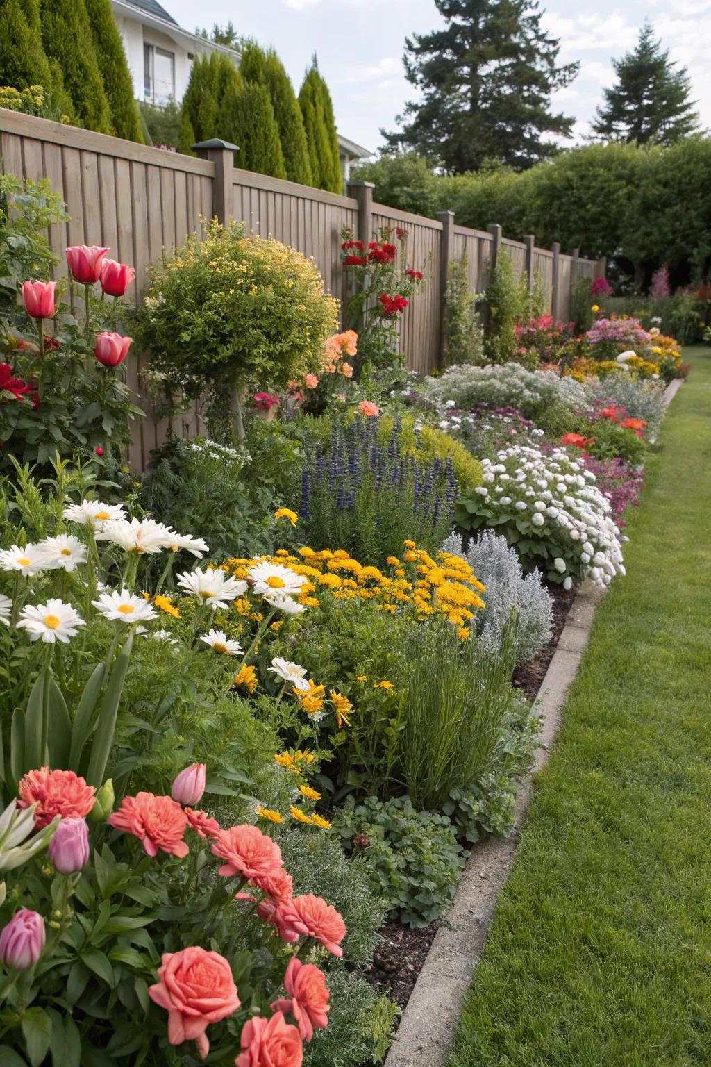 Vibrant flower beds featuring a mix of perennials and annuals.