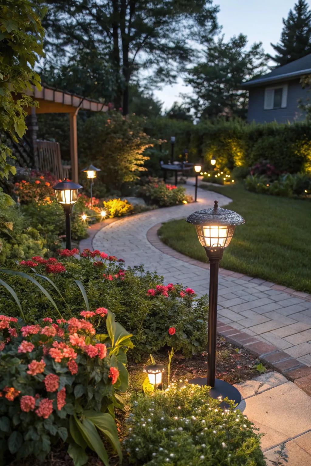 A garden illuminated with solar lights for a magical glow.