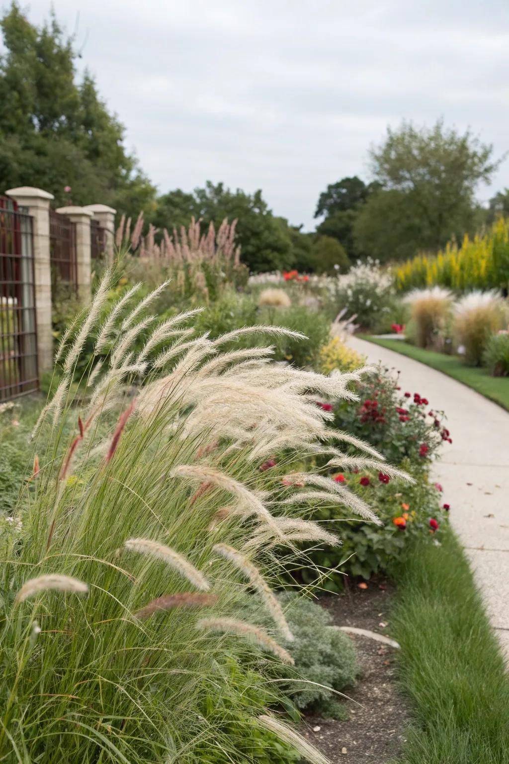 Ornamental grasses adding movement to a zone 9a garden.